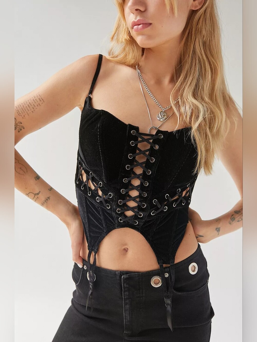 Urban Outfitters Out From Under Kiera Velvet Corduroy Lace-Up Corset Black M